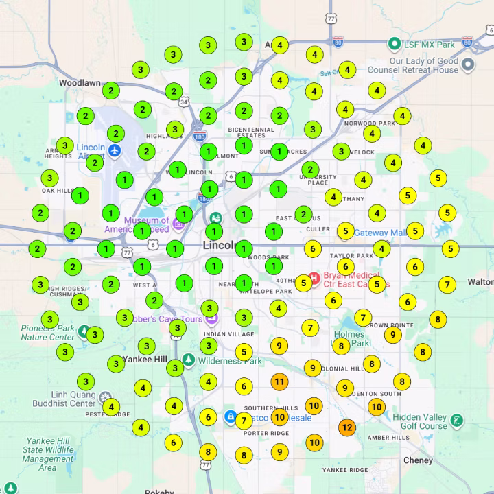 After rank heatmap of Lincoln, Nebraska. Green pins ranked 1 to 4 cover most of the city, with yellow and orange pins further southeast.